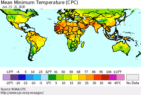 World Mean Minimum Temperature (CPC) Thematic Map For 6/15/2020 - 6/21/2020