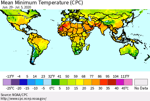 World Mean Minimum Temperature (CPC) Thematic Map For 6/29/2020 - 7/5/2020
