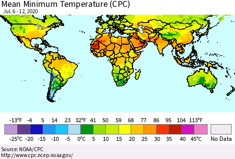 World Mean Minimum Temperature (CPC) Thematic Map For 7/6/2020 - 7/12/2020