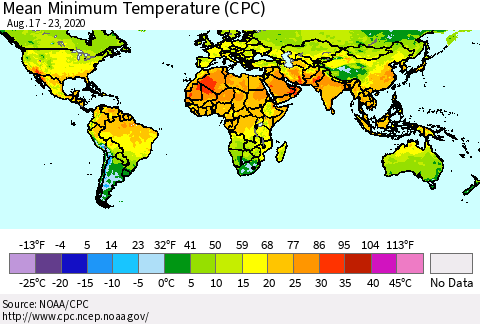 World Mean Minimum Temperature (CPC) Thematic Map For 8/17/2020 - 8/23/2020