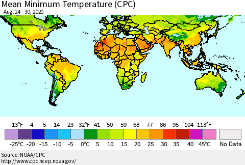 World Mean Minimum Temperature (CPC) Thematic Map For 8/24/2020 - 8/30/2020
