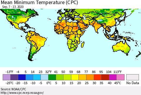 World Mean Minimum Temperature (CPC) Thematic Map For 9/7/2020 - 9/13/2020