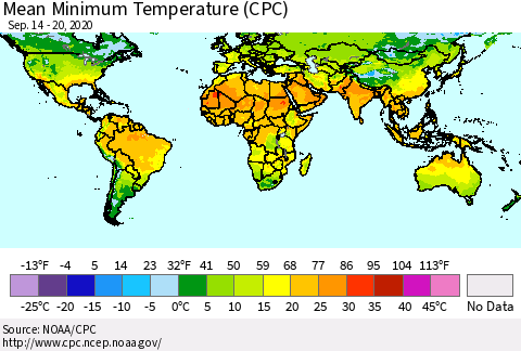 World Mean Minimum Temperature (CPC) Thematic Map For 9/14/2020 - 9/20/2020
