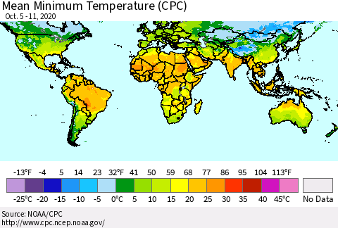 World Mean Minimum Temperature (CPC) Thematic Map For 10/5/2020 - 10/11/2020
