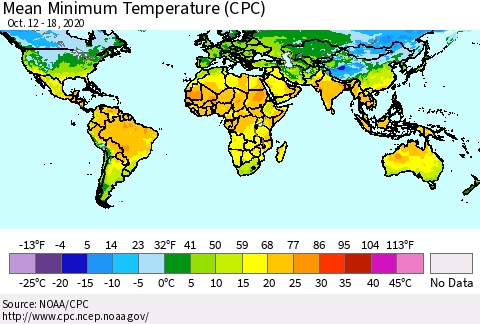 World Mean Minimum Temperature (CPC) Thematic Map For 10/12/2020 - 10/18/2020