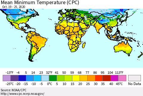World Mean Minimum Temperature (CPC) Thematic Map For 10/19/2020 - 10/25/2020