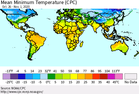 World Mean Minimum Temperature (CPC) Thematic Map For 10/26/2020 - 11/1/2020