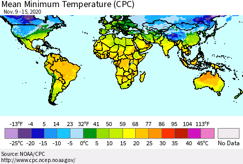 World Mean Minimum Temperature (CPC) Thematic Map For 11/9/2020 - 11/15/2020