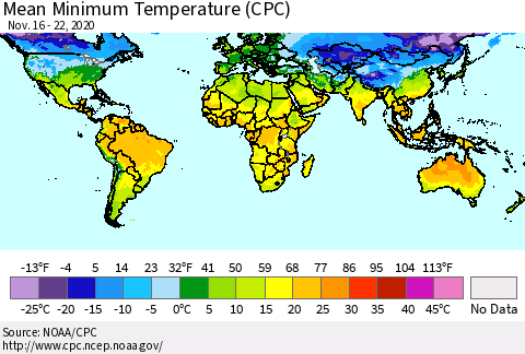 World Mean Minimum Temperature (CPC) Thematic Map For 11/16/2020 - 11/22/2020