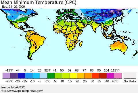 World Mean Minimum Temperature (CPC) Thematic Map For 11/23/2020 - 11/29/2020