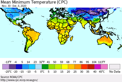 World Mean Minimum Temperature (CPC) Thematic Map For 11/30/2020 - 12/6/2020