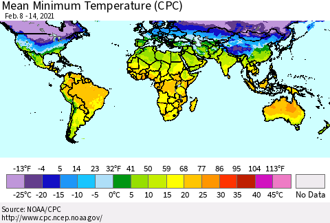 World Mean Minimum Temperature (CPC) Thematic Map For 2/8/2021 - 2/14/2021