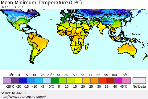 World Mean Minimum Temperature (CPC) Thematic Map For 3/8/2021 - 3/14/2021
