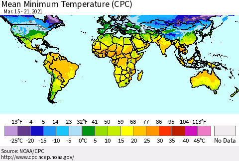 World Mean Minimum Temperature (CPC) Thematic Map For 3/15/2021 - 3/21/2021