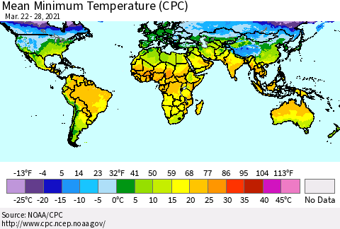 World Mean Minimum Temperature (CPC) Thematic Map For 3/22/2021 - 3/28/2021