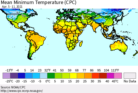 World Mean Minimum Temperature (CPC) Thematic Map For 4/5/2021 - 4/11/2021
