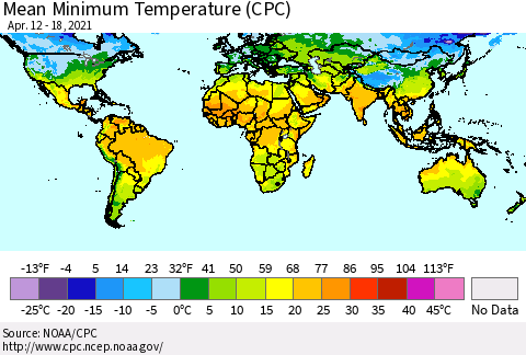World Mean Minimum Temperature (CPC) Thematic Map For 4/12/2021 - 4/18/2021