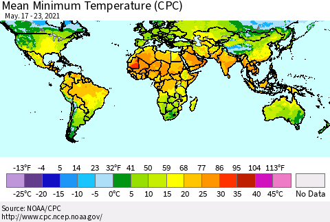 World Mean Minimum Temperature (CPC) Thematic Map For 5/17/2021 - 5/23/2021