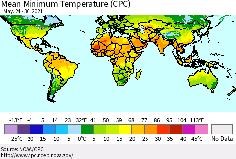 World Mean Minimum Temperature (CPC) Thematic Map For 5/24/2021 - 5/30/2021