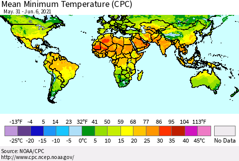 World Mean Minimum Temperature (CPC) Thematic Map For 5/31/2021 - 6/6/2021