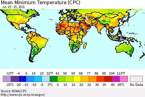 World Mean Minimum Temperature (CPC) Thematic Map For 7/19/2021 - 7/25/2021