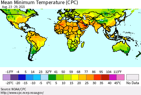 World Mean Minimum Temperature (CPC) Thematic Map For 8/23/2021 - 8/29/2021