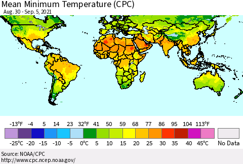 World Mean Minimum Temperature (CPC) Thematic Map For 8/30/2021 - 9/5/2021