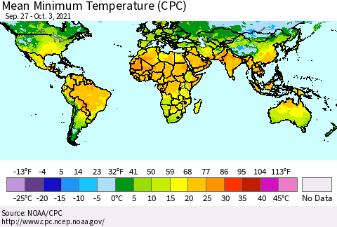 World Mean Minimum Temperature (CPC) Thematic Map For 9/27/2021 - 10/3/2021