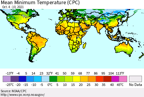 World Mean Minimum Temperature (CPC) Thematic Map For 10/4/2021 - 10/10/2021