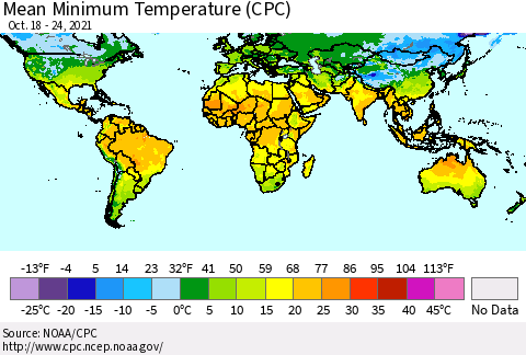 World Mean Minimum Temperature (CPC) Thematic Map For 10/18/2021 - 10/24/2021