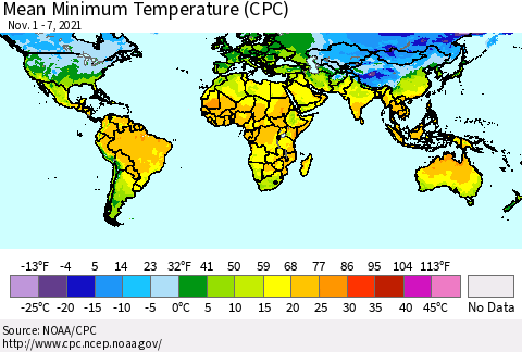 World Mean Minimum Temperature (CPC) Thematic Map For 11/1/2021 - 11/7/2021