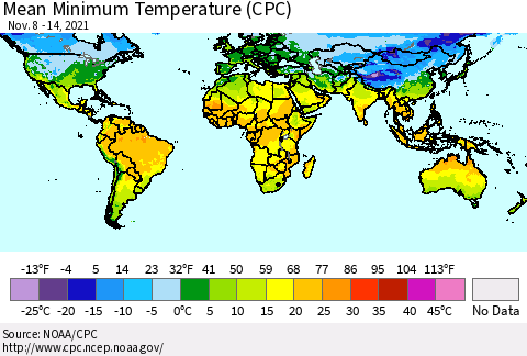 World Mean Minimum Temperature (CPC) Thematic Map For 11/8/2021 - 11/14/2021