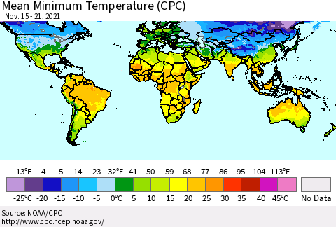 World Mean Minimum Temperature (CPC) Thematic Map For 11/15/2021 - 11/21/2021