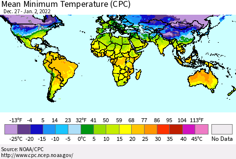 World Mean Minimum Temperature (CPC) Thematic Map For 12/27/2021 - 1/2/2022