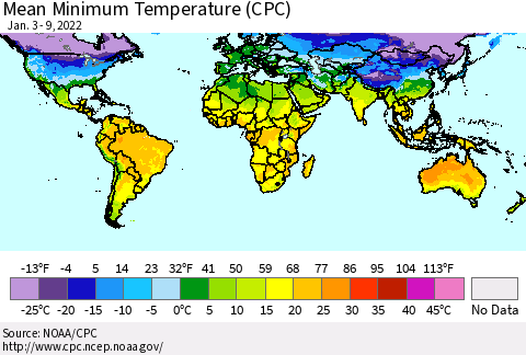 World Mean Minimum Temperature (CPC) Thematic Map For 1/3/2022 - 1/9/2022