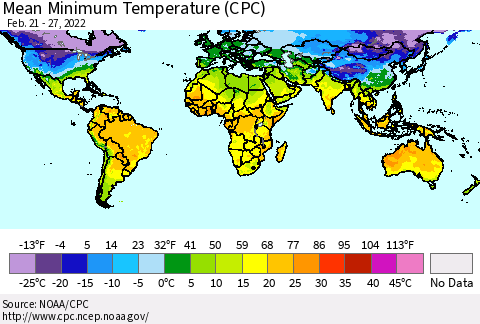 World Mean Minimum Temperature (CPC) Thematic Map For 2/21/2022 - 2/27/2022