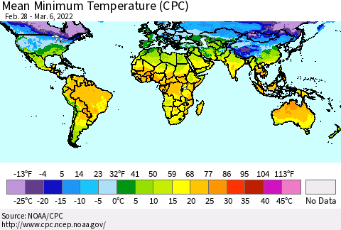 World Mean Minimum Temperature (CPC) Thematic Map For 2/28/2022 - 3/6/2022