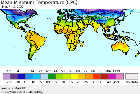 World Mean Minimum Temperature (CPC) Thematic Map For 3/7/2022 - 3/13/2022