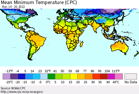 World Mean Minimum Temperature (CPC) Thematic Map For 3/14/2022 - 3/20/2022