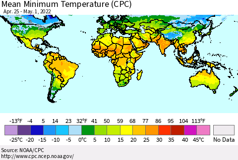 World Mean Minimum Temperature (CPC) Thematic Map For 4/25/2022 - 5/1/2022