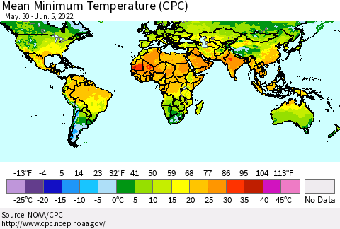World Mean Minimum Temperature (CPC) Thematic Map For 5/30/2022 - 6/5/2022