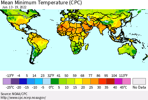World Mean Minimum Temperature (CPC) Thematic Map For 6/13/2022 - 6/19/2022