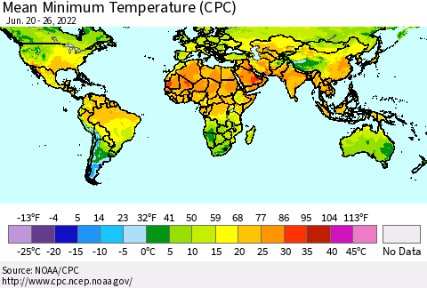 World Mean Minimum Temperature (CPC) Thematic Map For 6/20/2022 - 6/26/2022