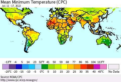 World Mean Minimum Temperature (CPC) Thematic Map For 7/11/2022 - 7/17/2022