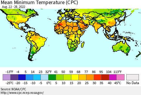 World Mean Minimum Temperature (CPC) Thematic Map For 8/22/2022 - 8/28/2022