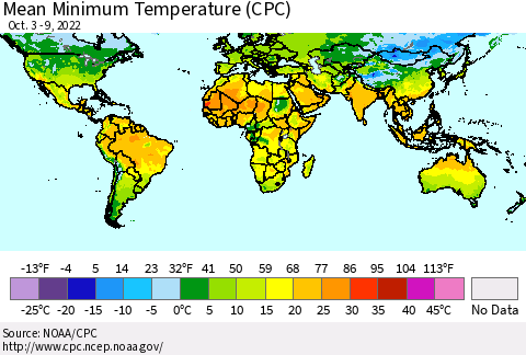 World Mean Minimum Temperature (CPC) Thematic Map For 10/3/2022 - 10/9/2022