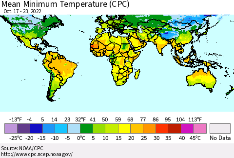 World Mean Minimum Temperature (CPC) Thematic Map For 10/17/2022 - 10/23/2022