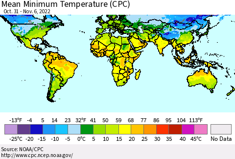 World Mean Minimum Temperature (CPC) Thematic Map For 10/31/2022 - 11/6/2022