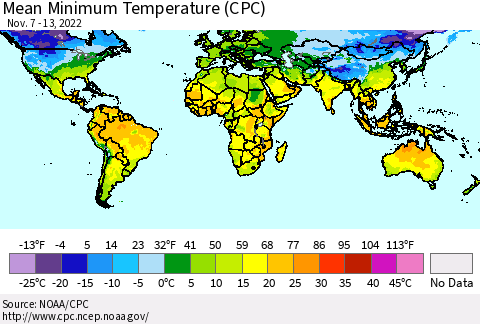 World Mean Minimum Temperature (CPC) Thematic Map For 11/7/2022 - 11/13/2022
