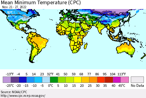 World Mean Minimum Temperature (CPC) Thematic Map For 11/21/2022 - 11/27/2022